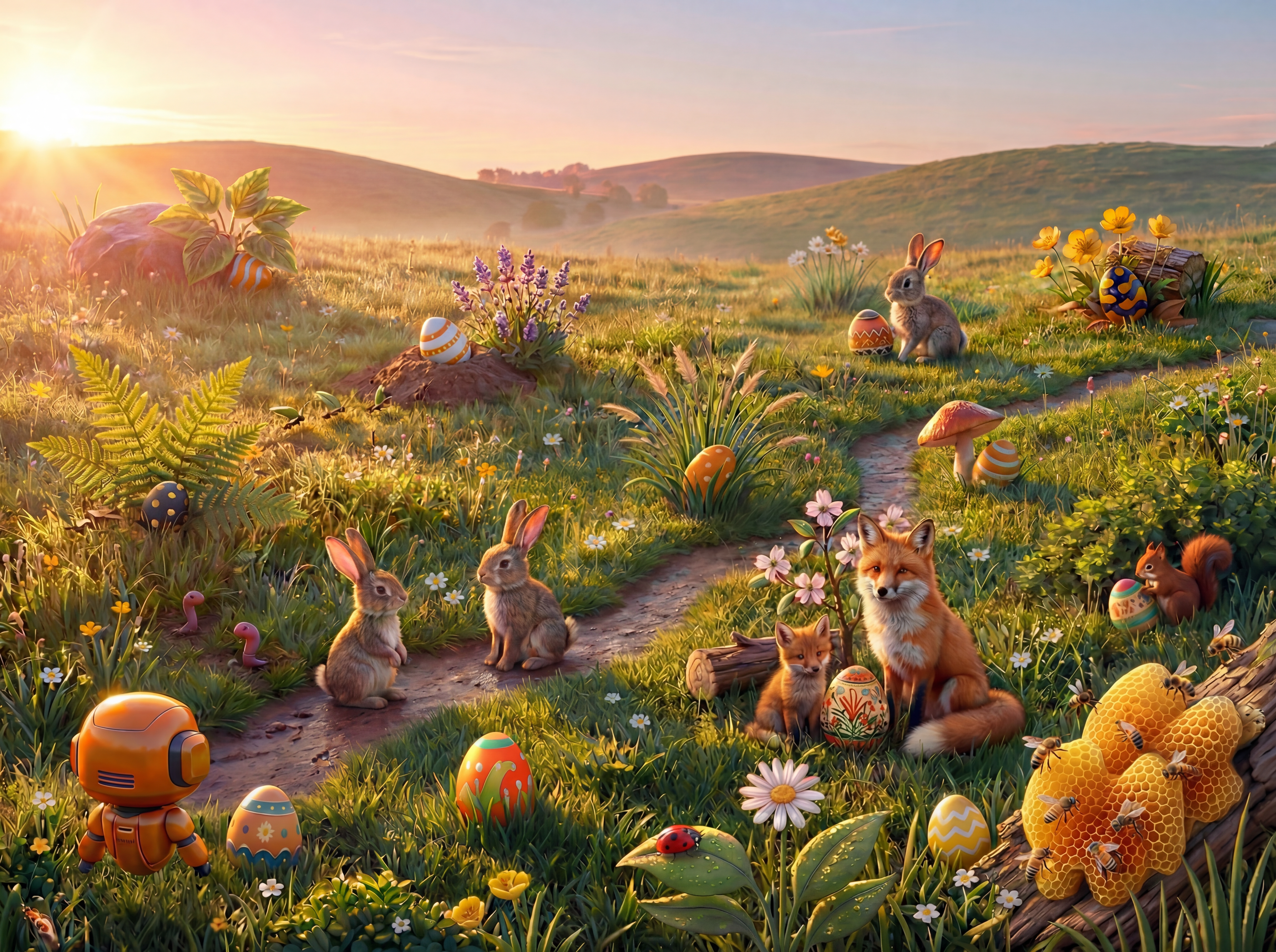 Osterwiese mit versteckten Eiern